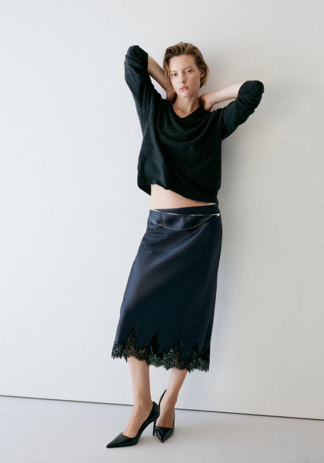 Satin Skirt With Fine Lace - Blue