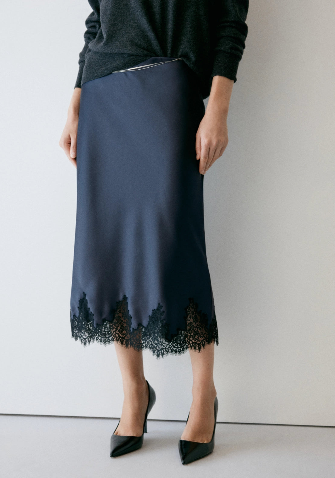 Satin Skirt With Fine Lace - Blue