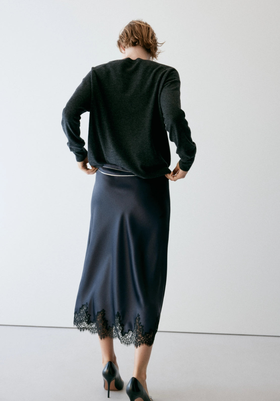 Satin Skirt With Fine Lace - Blue