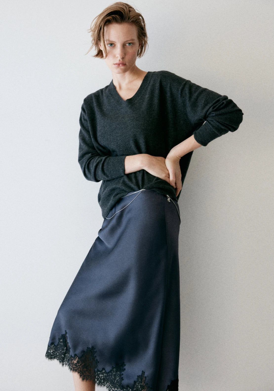 Satin Skirt With Fine Lace - Blue