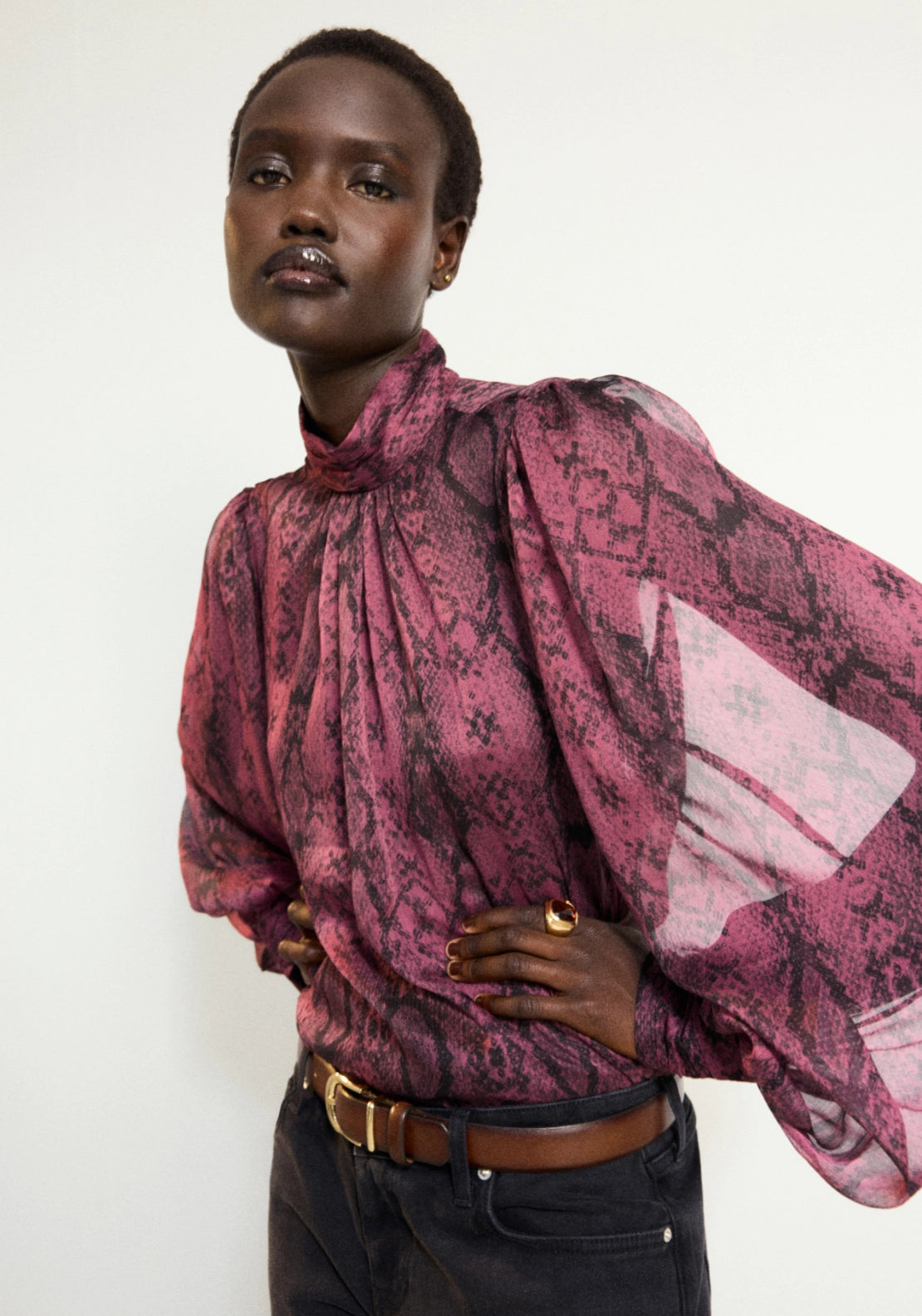Animal Print Blouse With High Collar - Pink