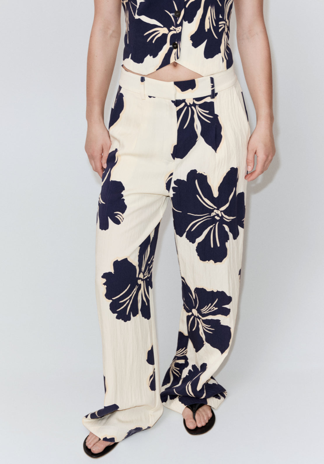 Floral Print Lyocell Straight-Leg Trousers - Cream