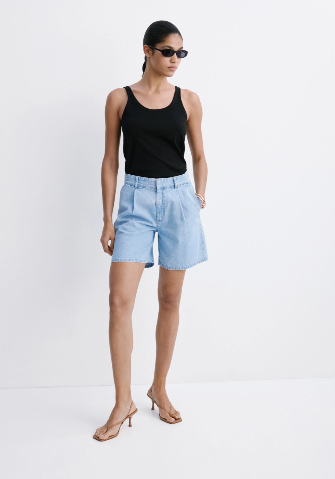 Mid Rise Denim Pleated Bermuda Shorts - Denim Blue