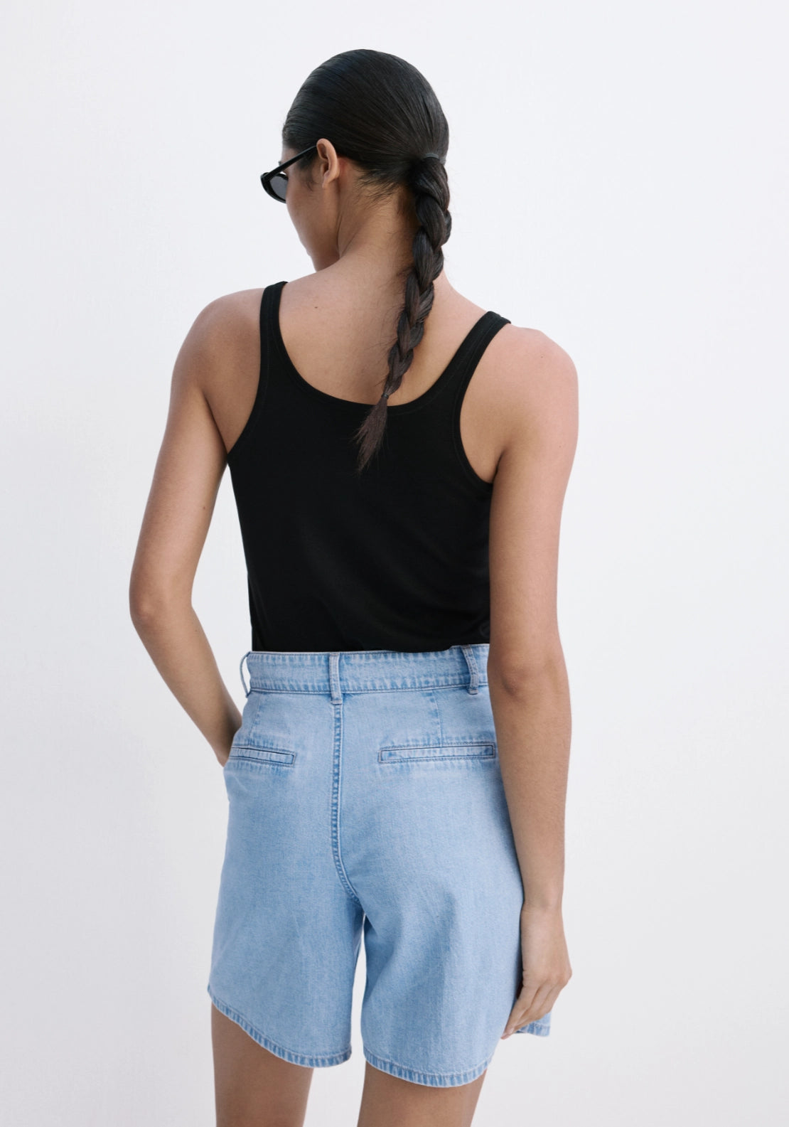 Mid Rise Denim Pleated Bermuda Shorts - Denim Blue