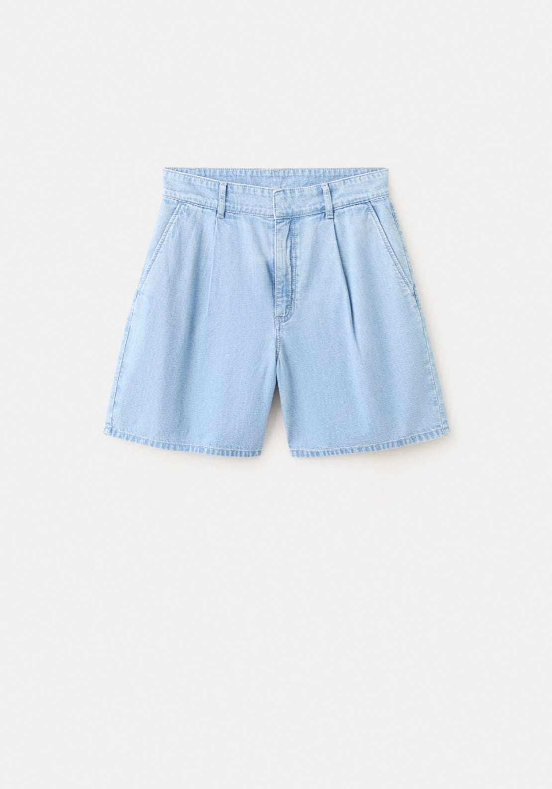 Mid Rise Denim Pleated Bermuda Shorts - Denim Blue