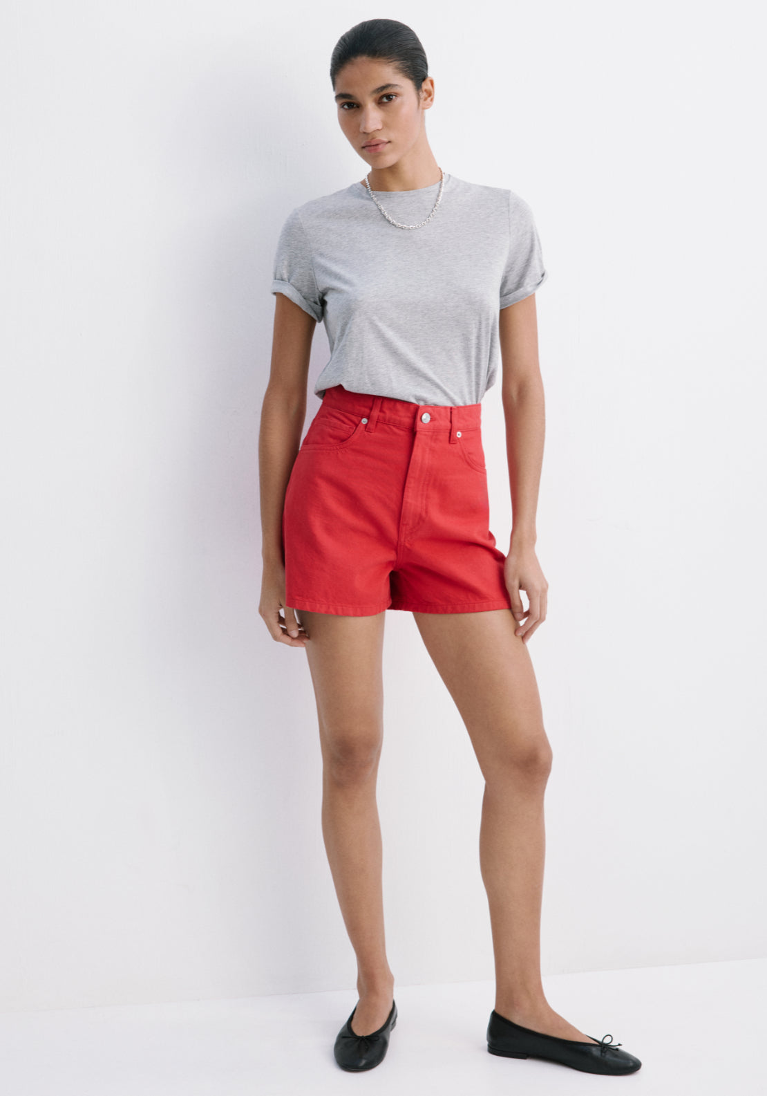 High Rise Denim Shorts - Red