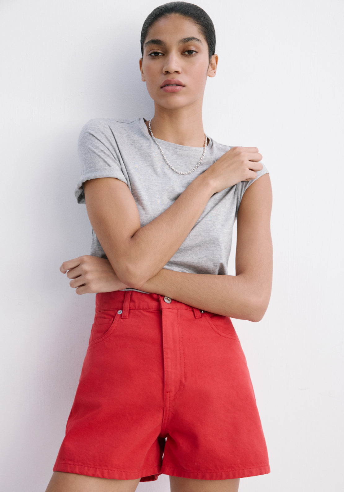 High Rise Denim Shorts - Red