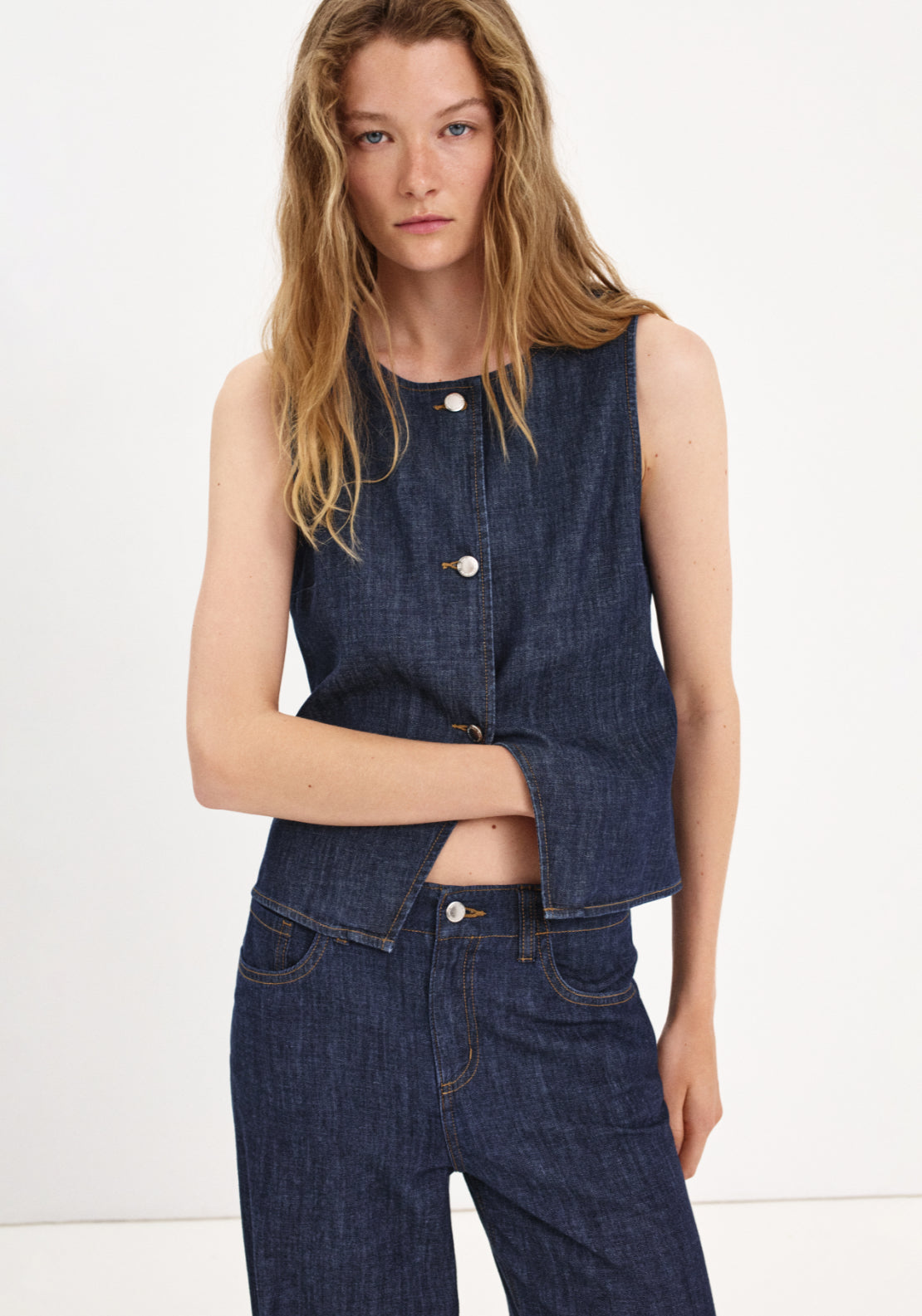 Buttoned Denim Gilet - Denim Blue
