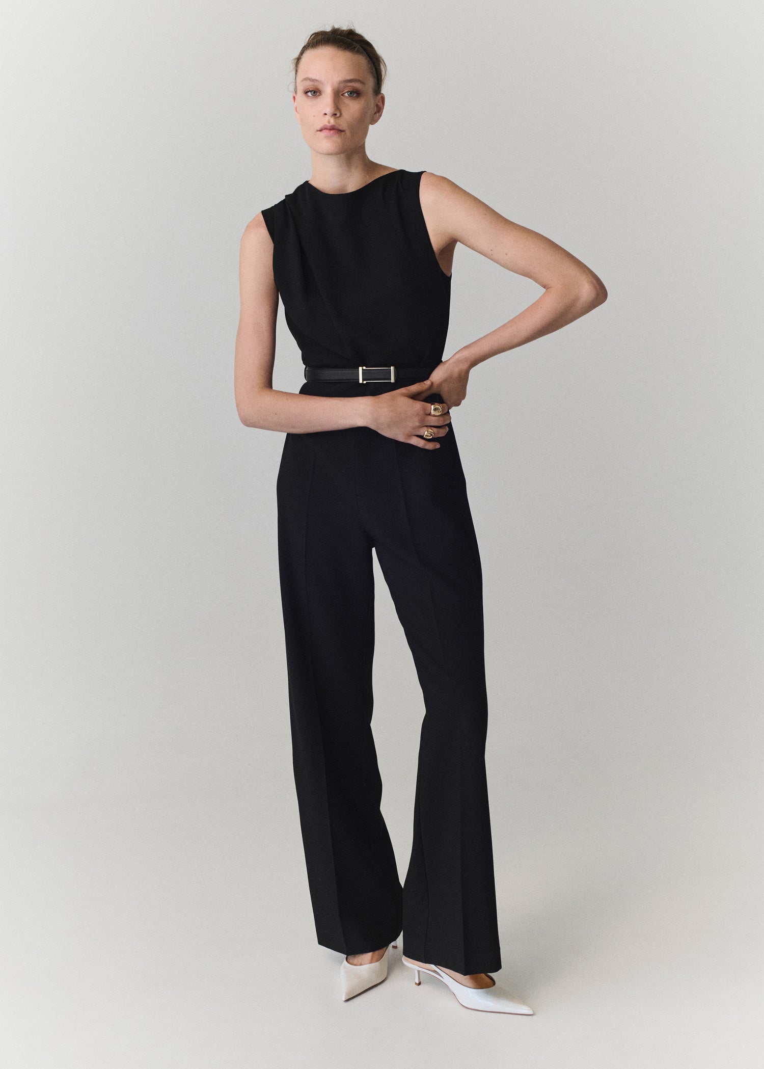 Straight Fit Boat Neck Jumpsuit With Belt - Black