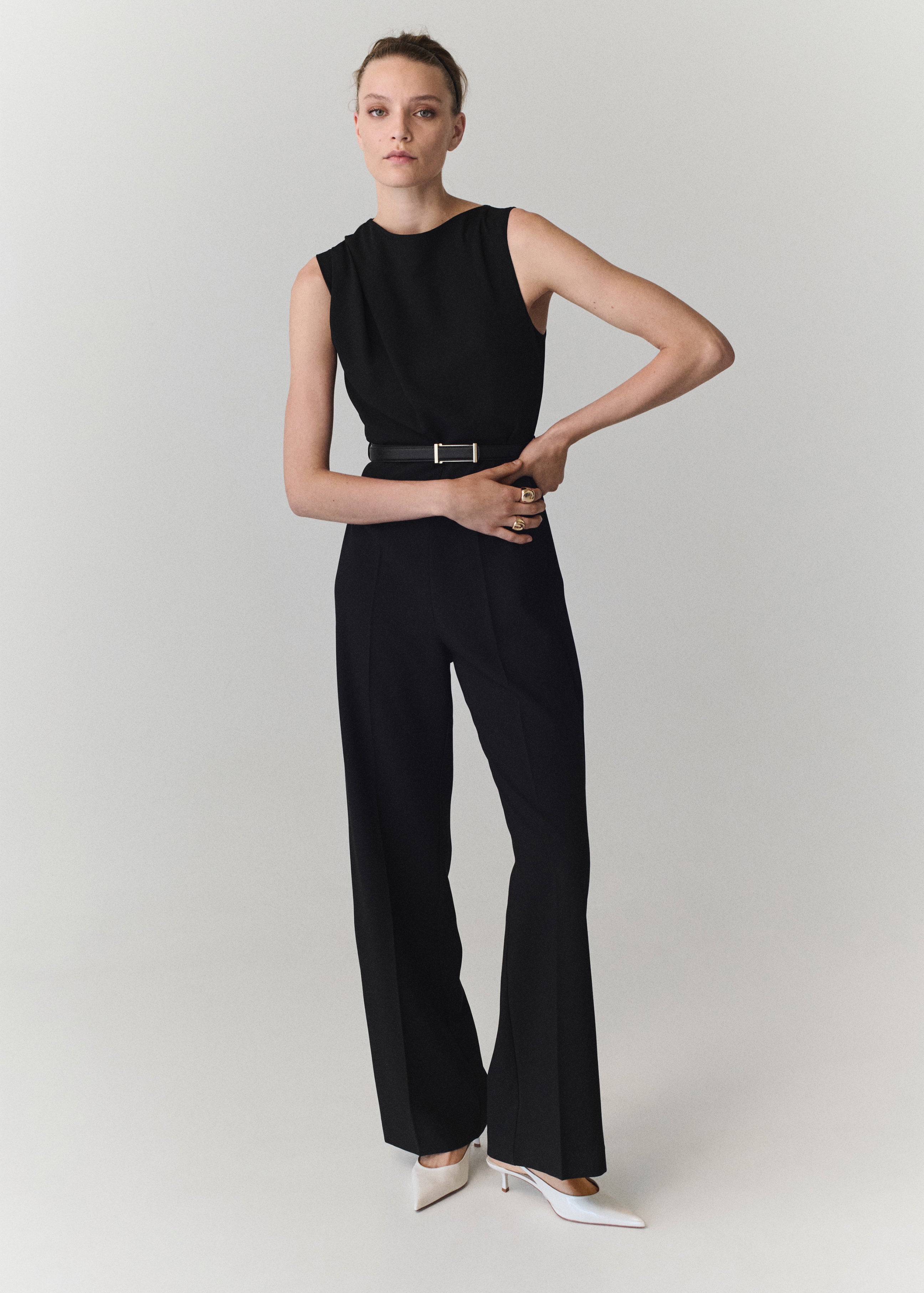 Straight Fit Boat Neck Jumpsuit With Belt - Black