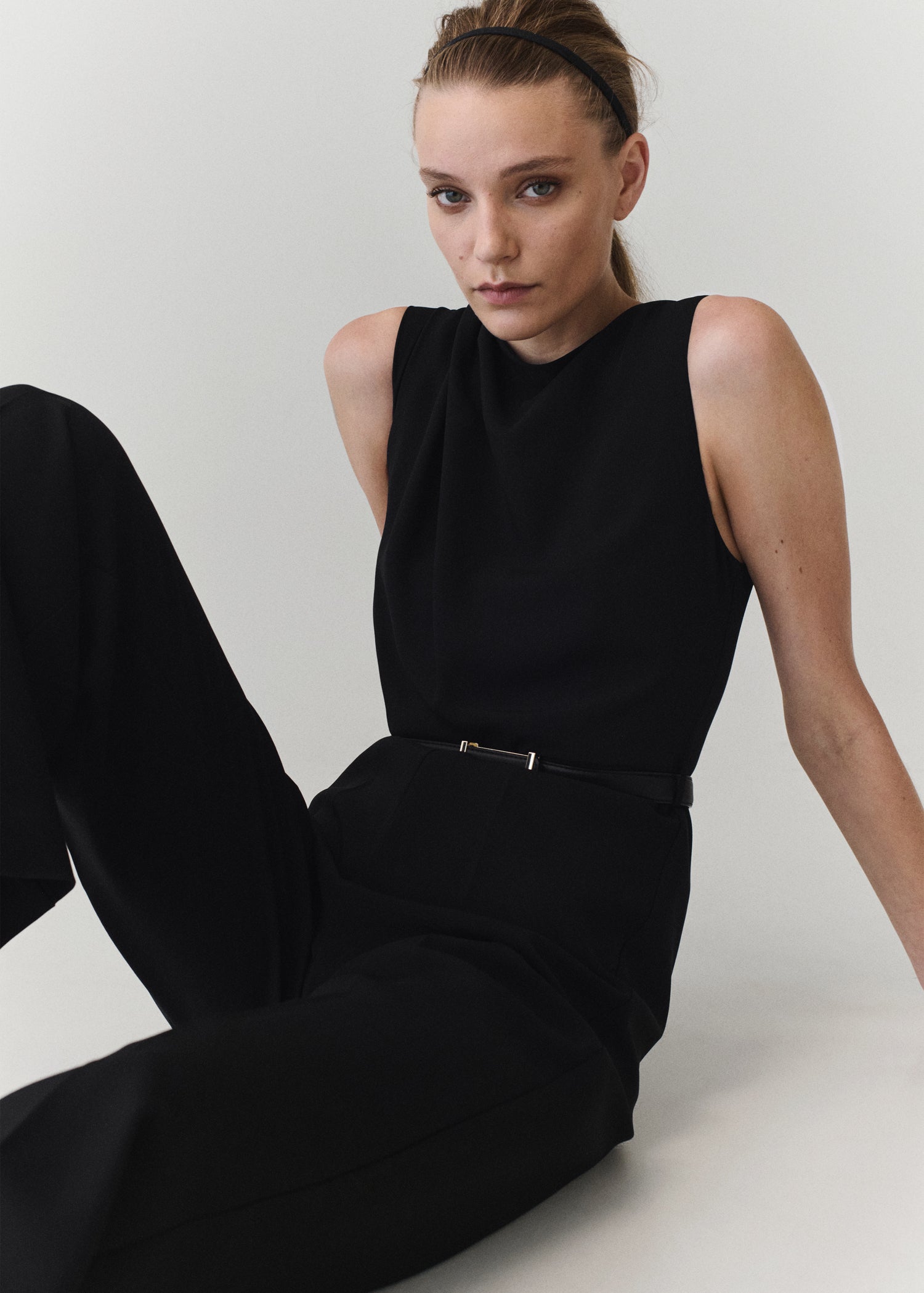 Straight Fit Boat Neck Jumpsuit With Belt - Black