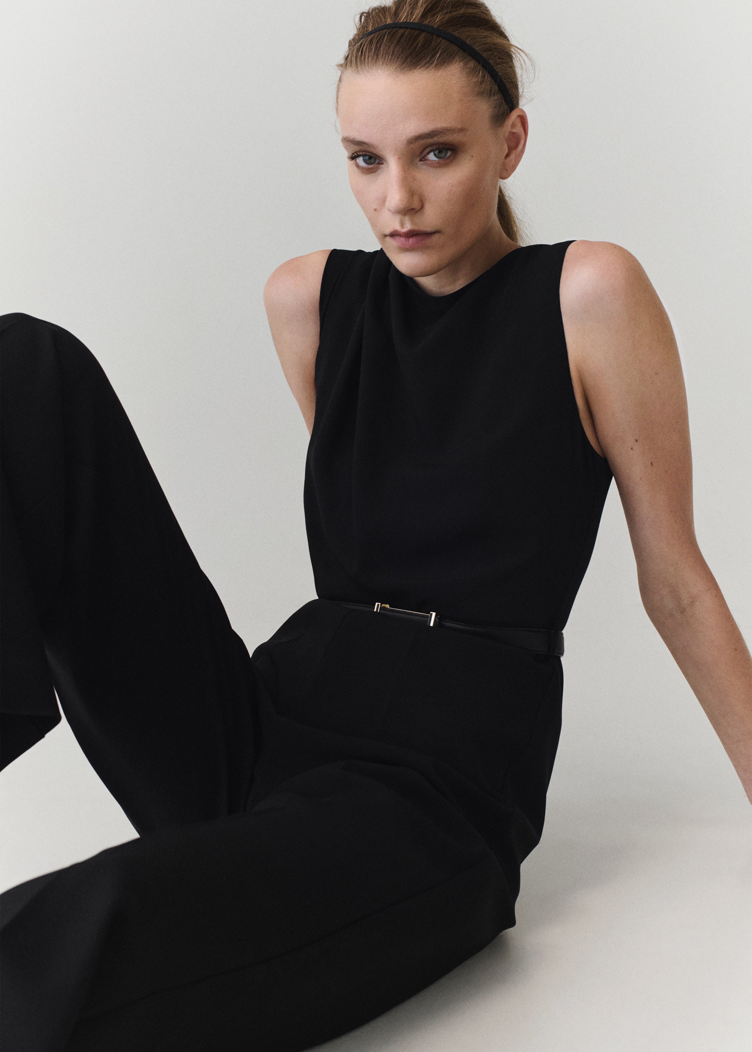 Straight Fit Boat Neck Jumpsuit With Belt - Black