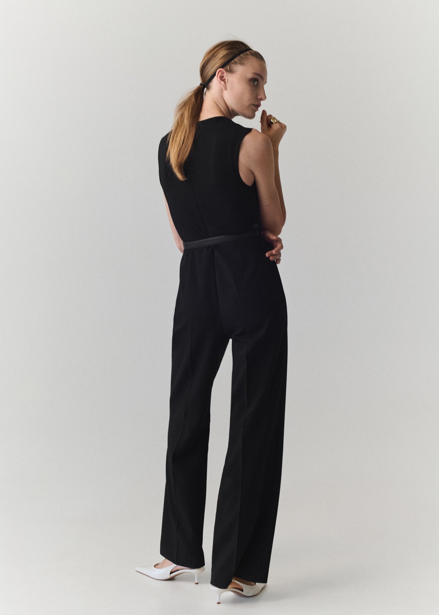 Straight Fit Boat Neck Jumpsuit With Belt - Black