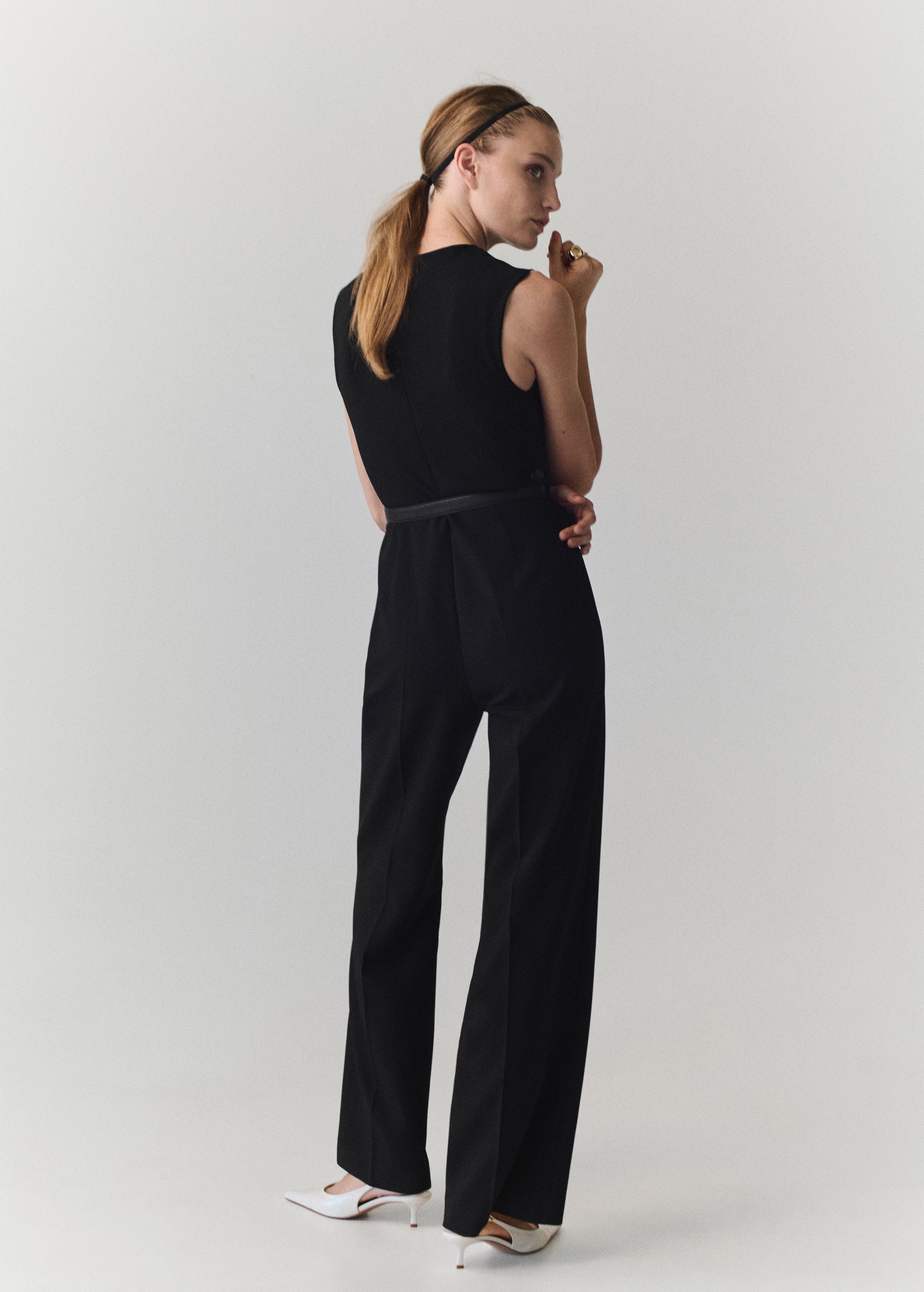 Straight Fit Boat Neck Jumpsuit With Belt - Black