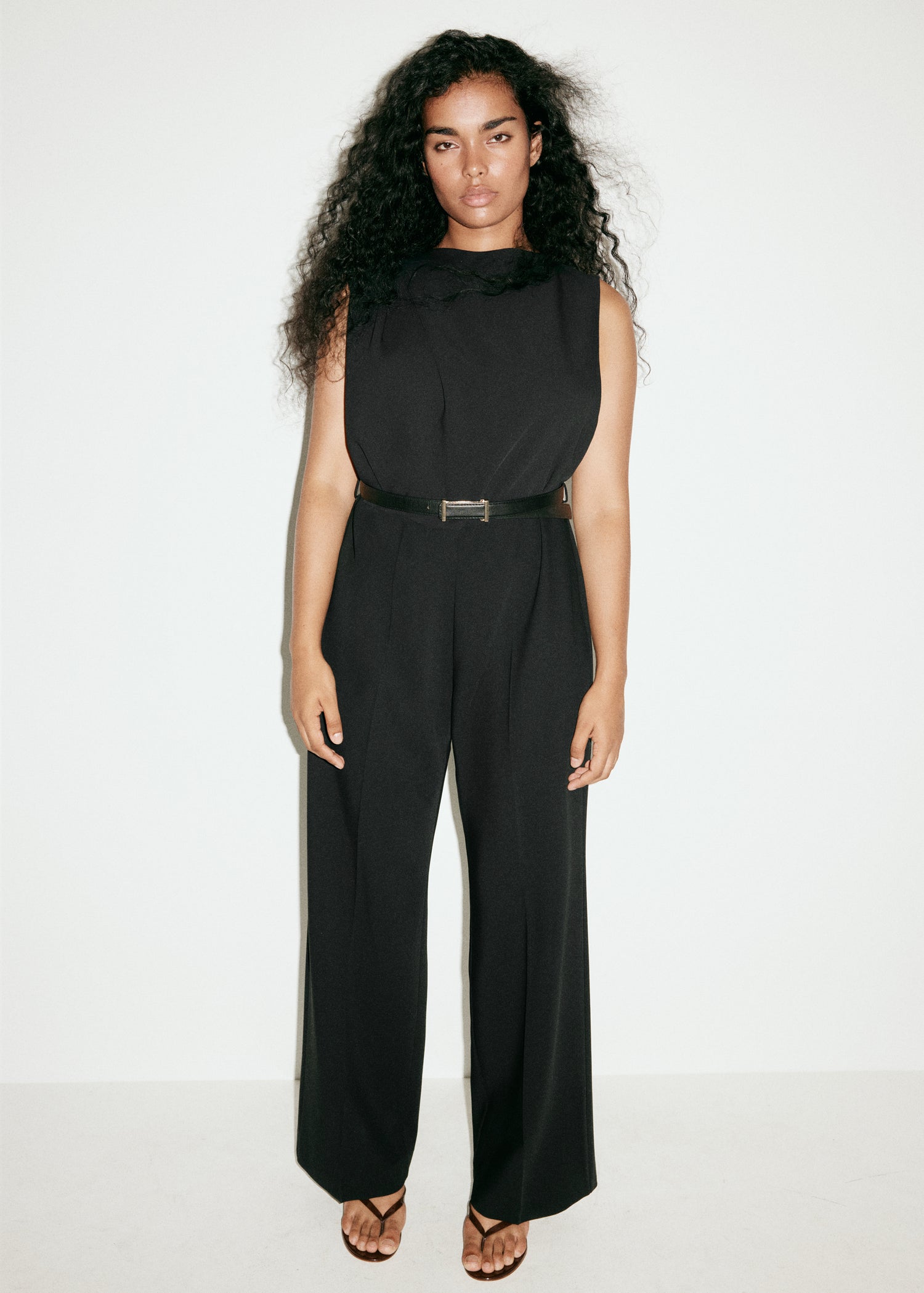 Straight Fit Boat Neck Jumpsuit With Belt - Black
