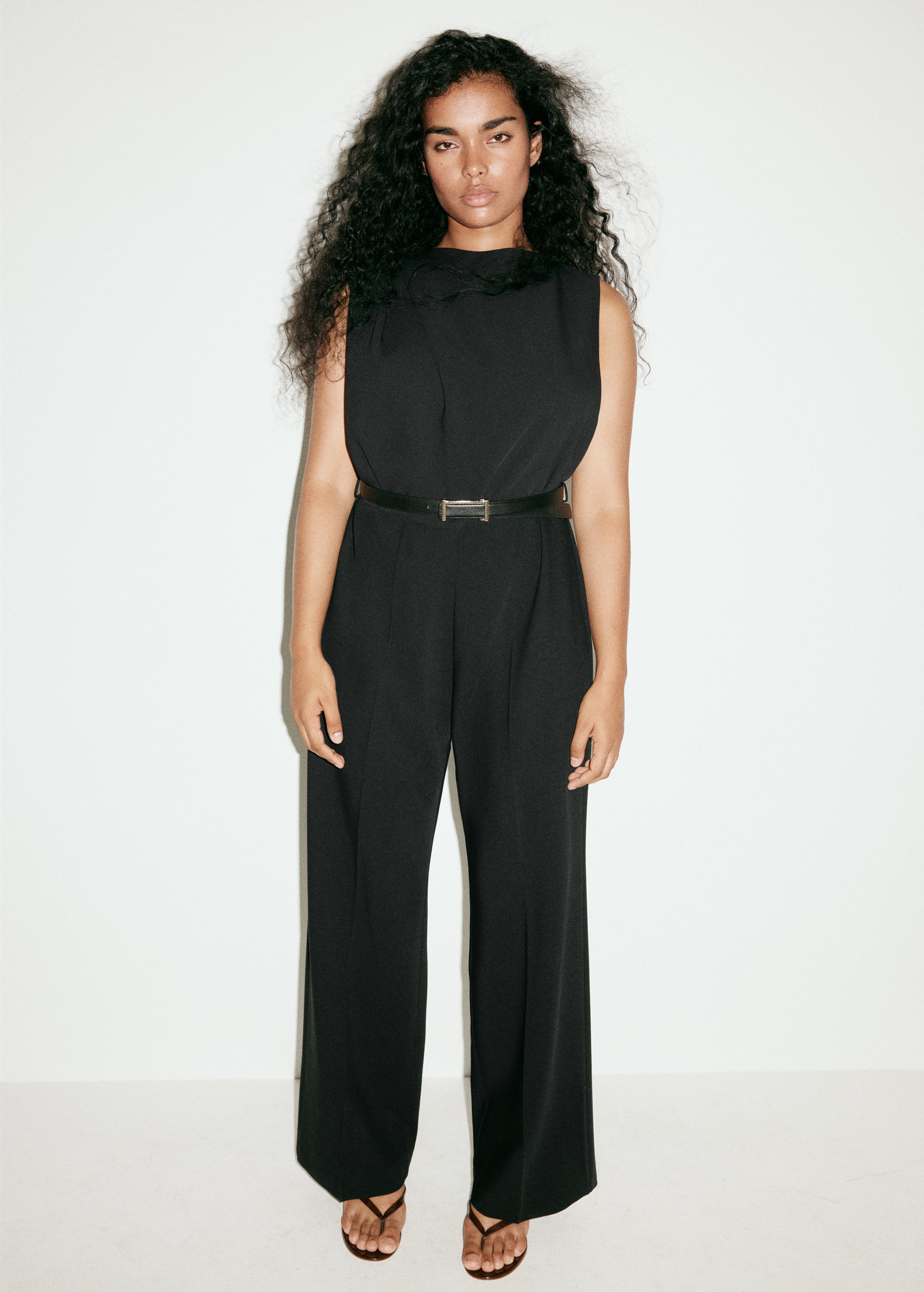 Straight Fit Boat Neck Jumpsuit With Belt - Black