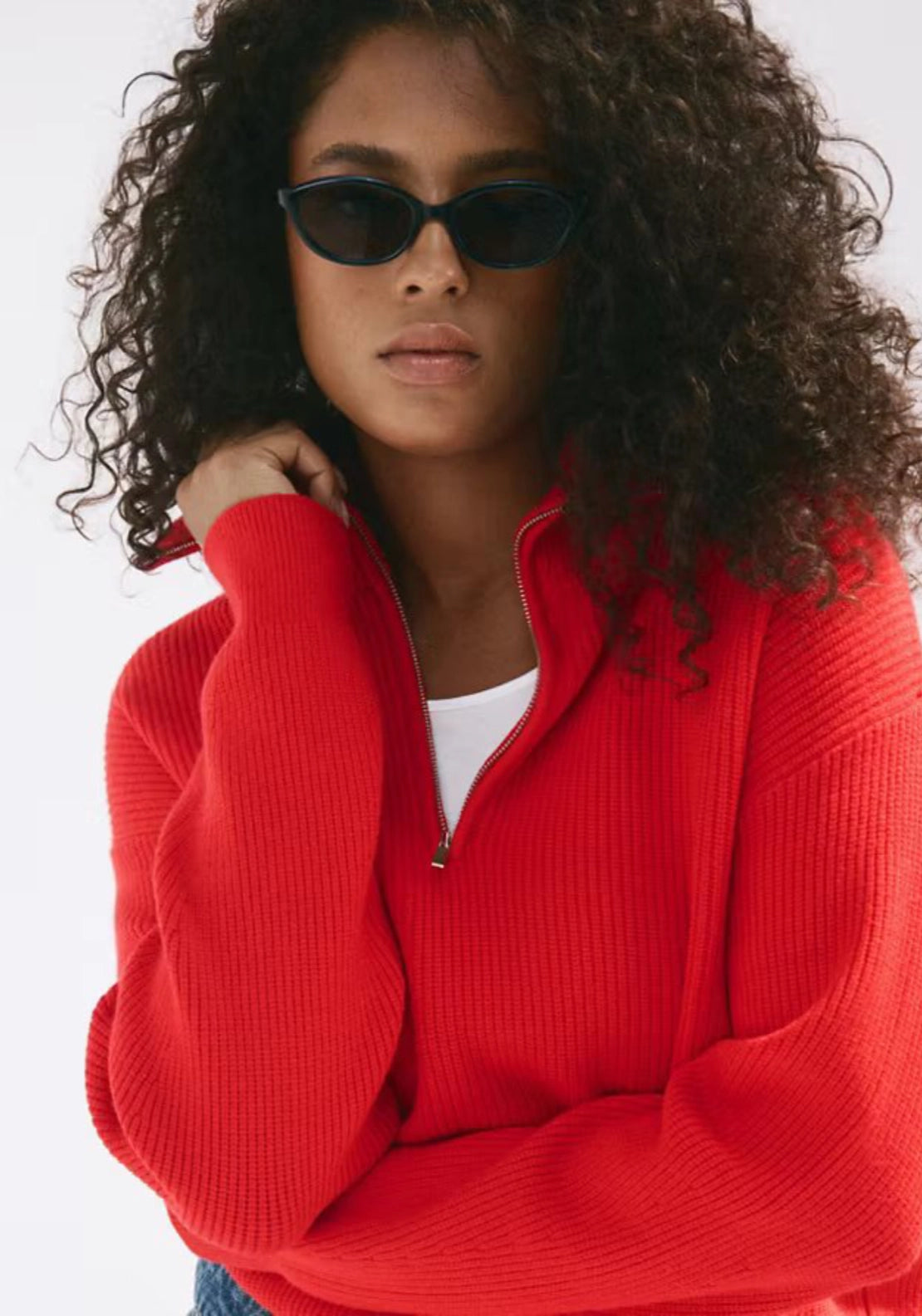 Sweater With Contrasting Zip Collar - Red