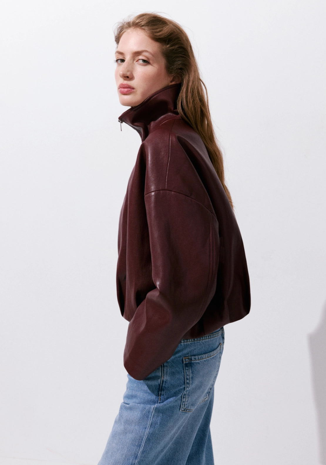 Faux Leather Funnel Neck Jacket - Burgundy