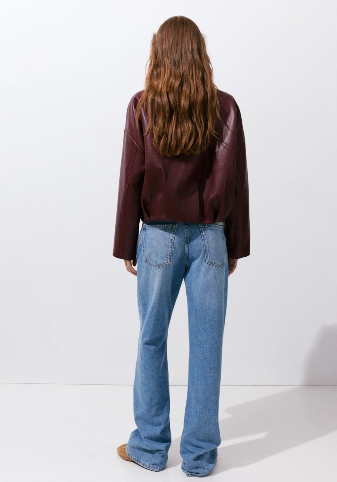 Faux Leather Funnel Neck Jacket - Burgundy