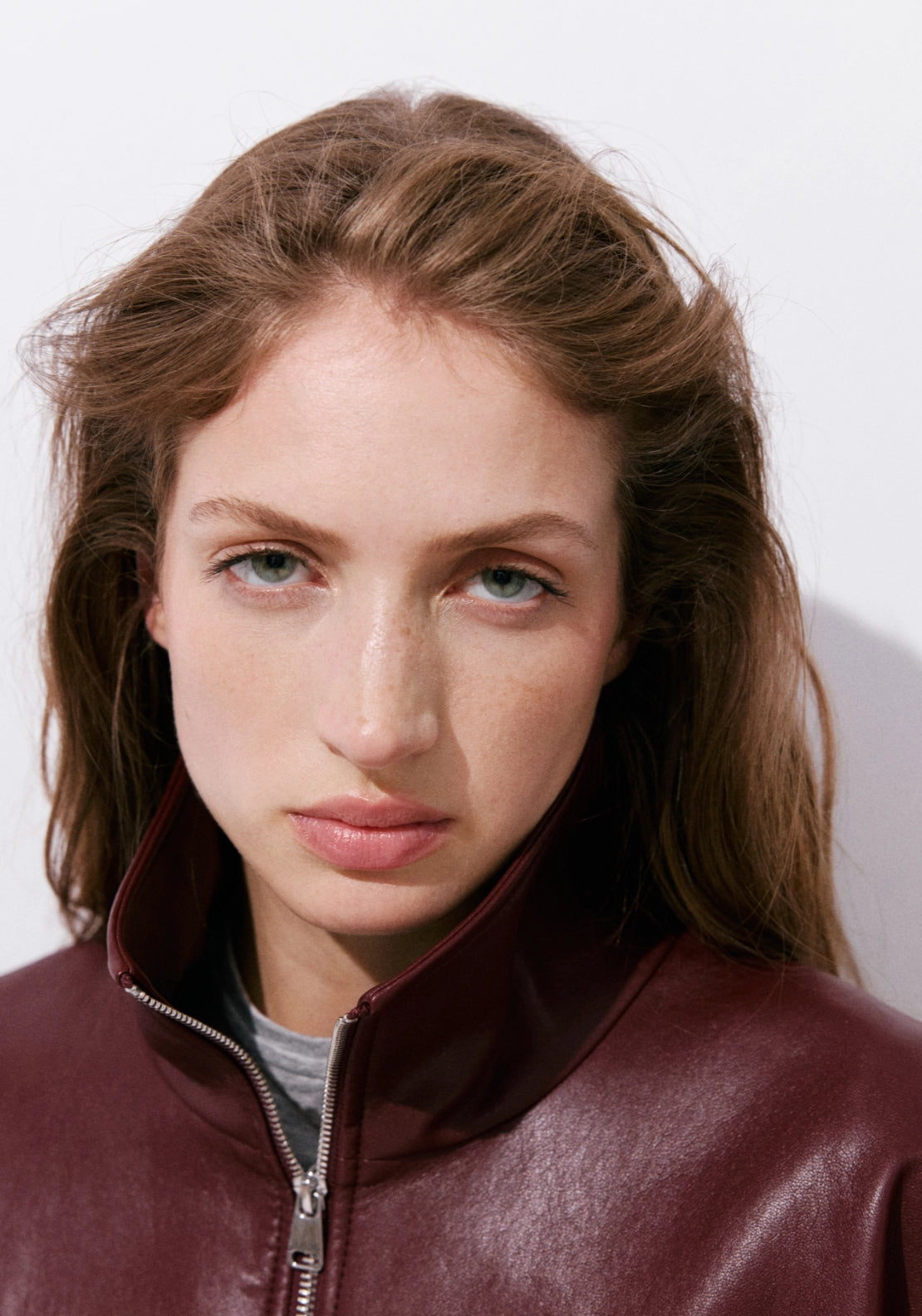 Faux Leather Funnel Neck Jacket - Burgundy