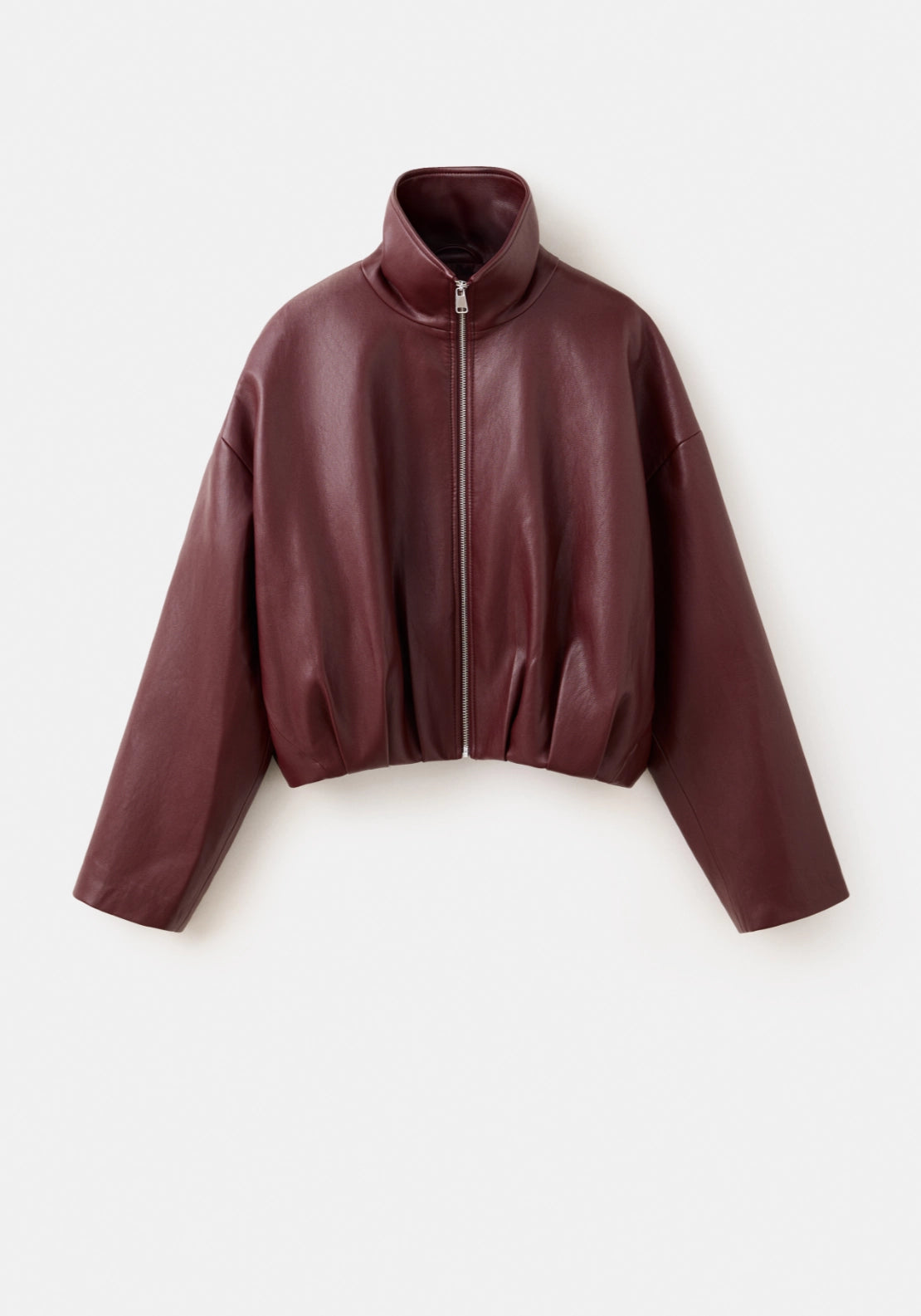 Faux Leather Funnel Neck Jacket - Burgundy