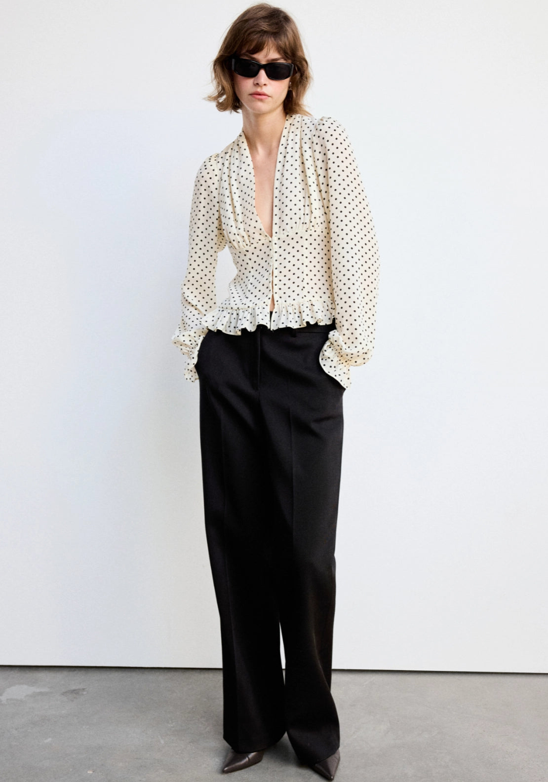 Polka Dot V-Neck Blouse - Cream
