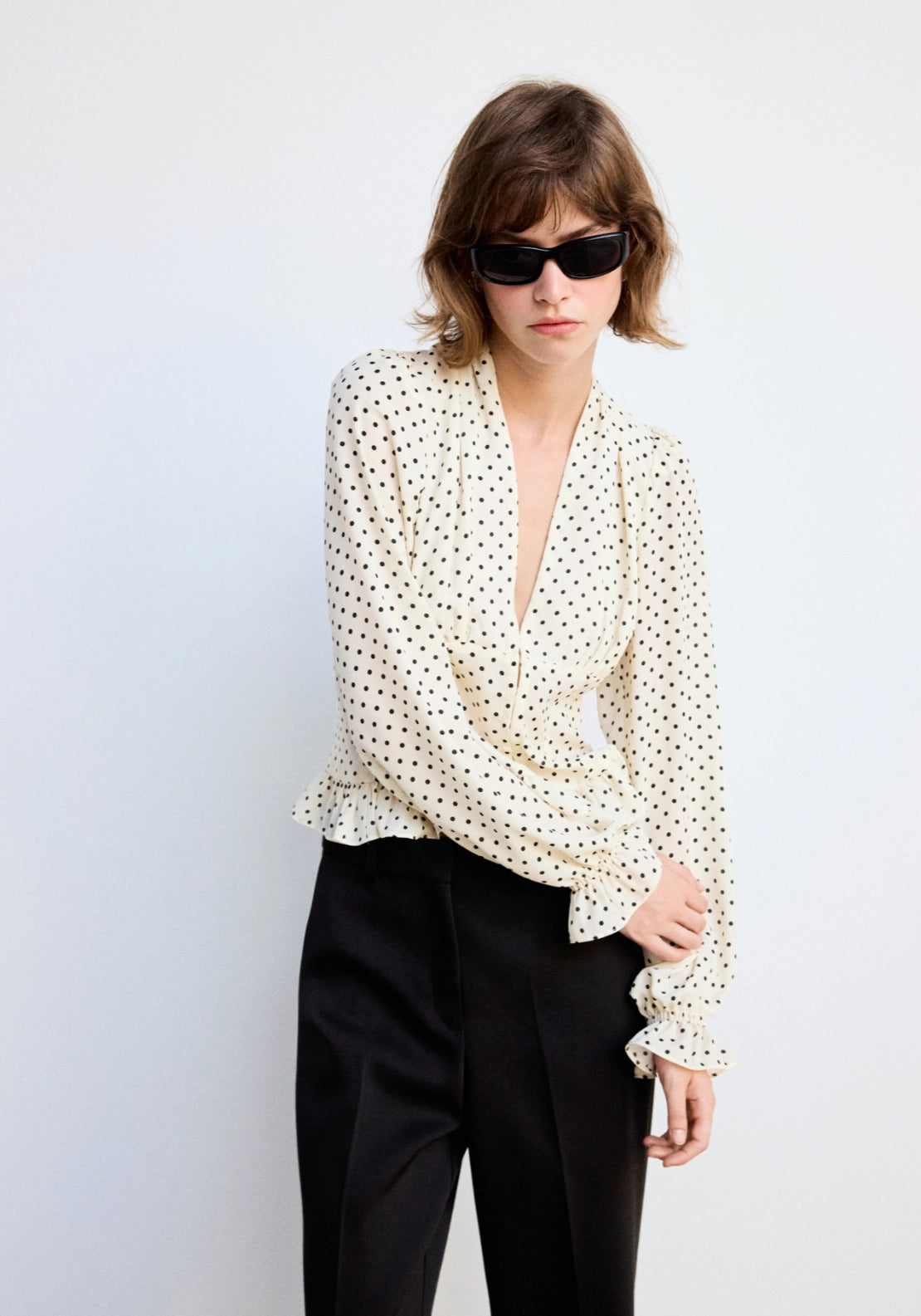Polka Dot V-Neck Blouse - Cream