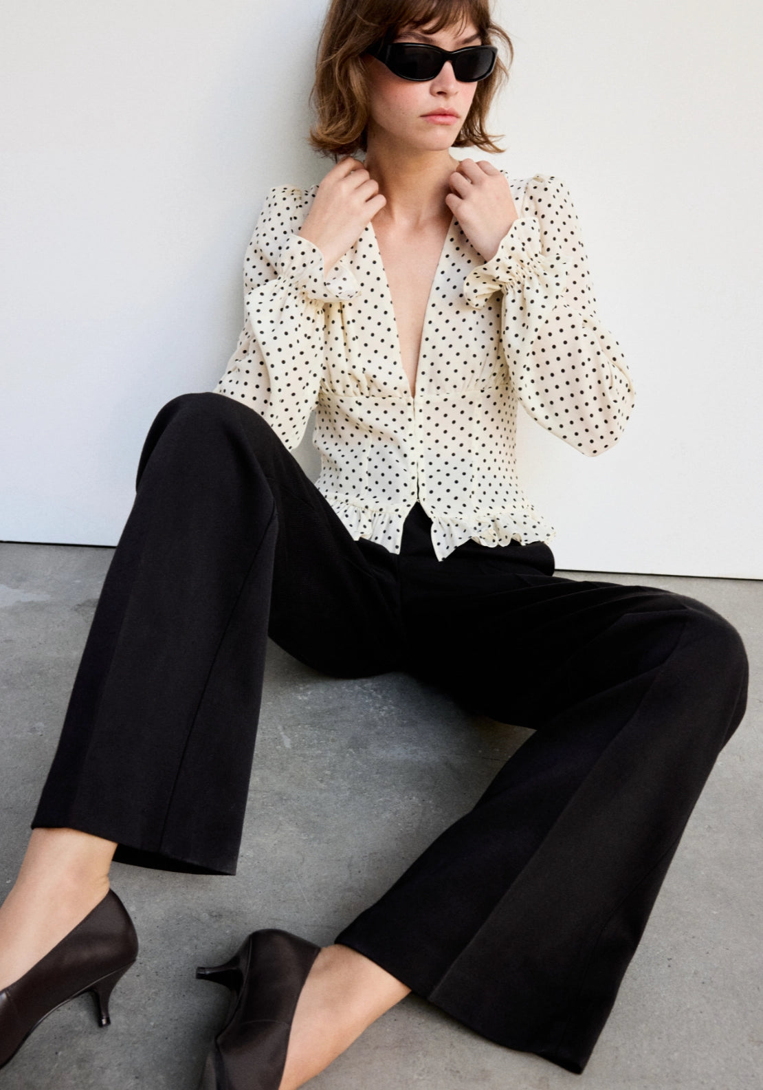 Polka Dot V-Neck Blouse - Cream