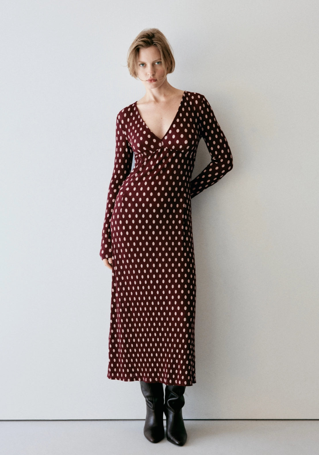 Polka Dot V Neck Dress - Burgundy