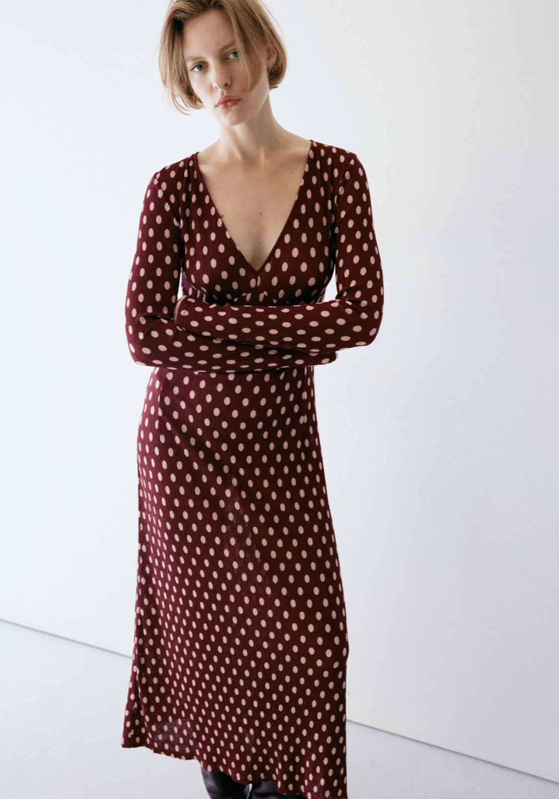 Polka Dot V Neck Dress - Burgundy