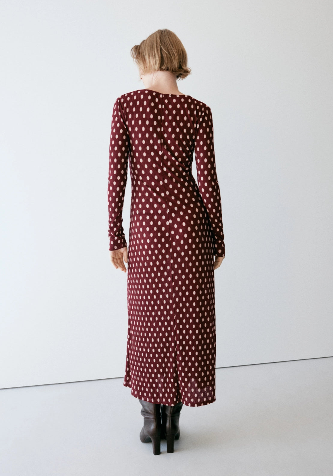 Polka Dot V Neck Dress - Burgundy
