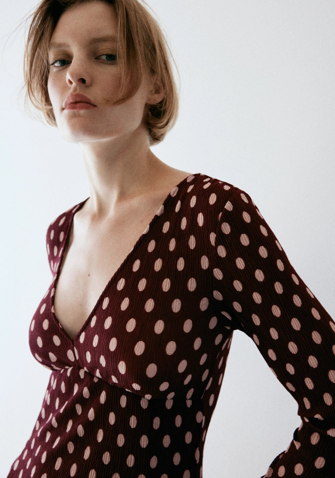 Polka Dot V Neck Dress - Burgundy
