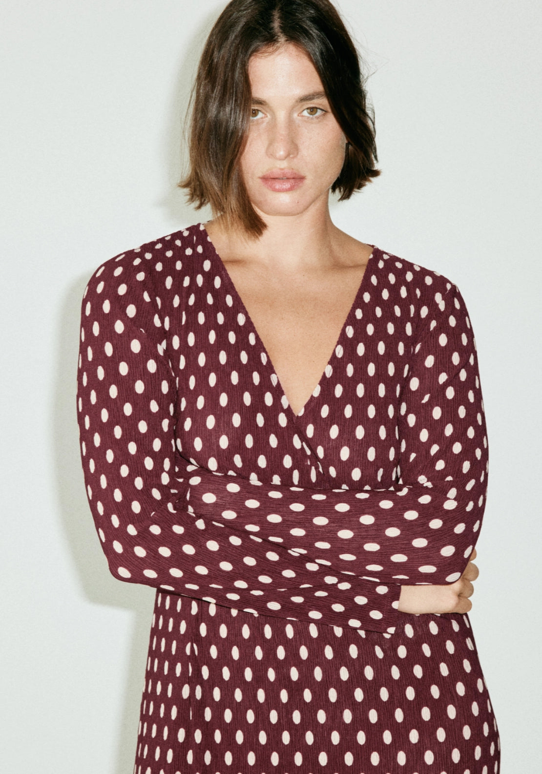 Polka Dot V Neck Dress - Burgundy