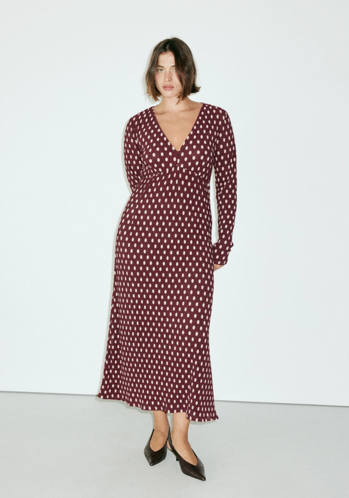 Polka Dot V Neck Dress - Burgundy