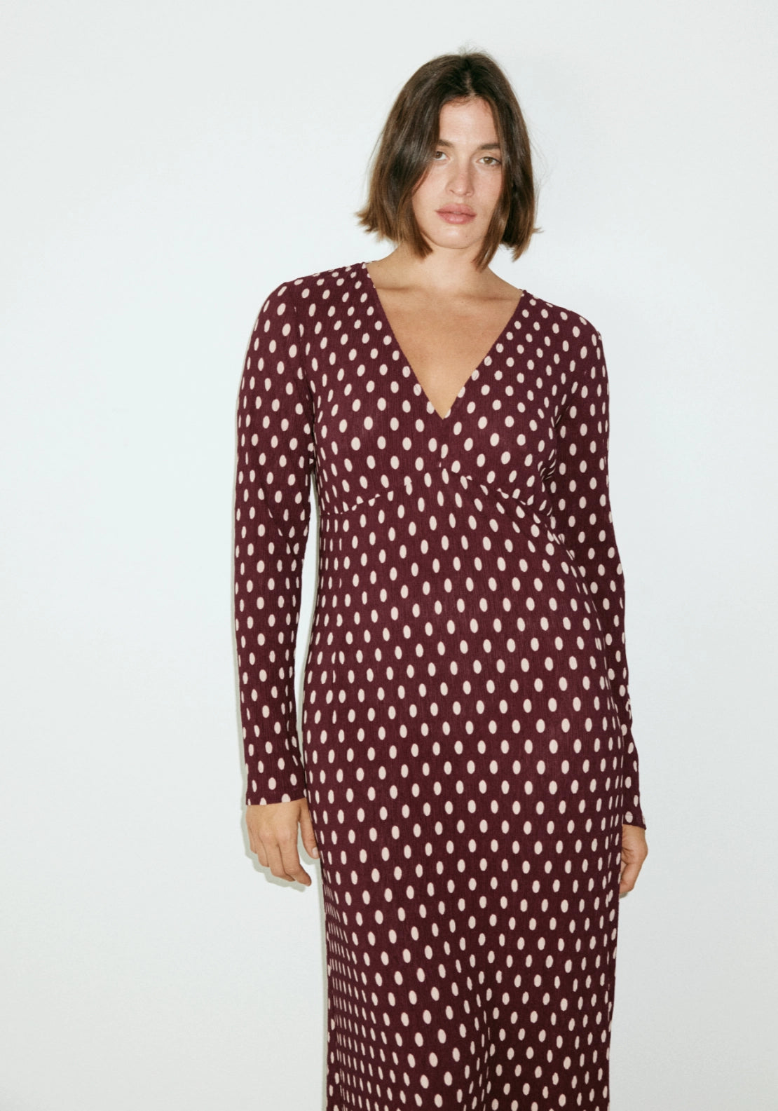 Polka Dot V Neck Dress - Burgundy