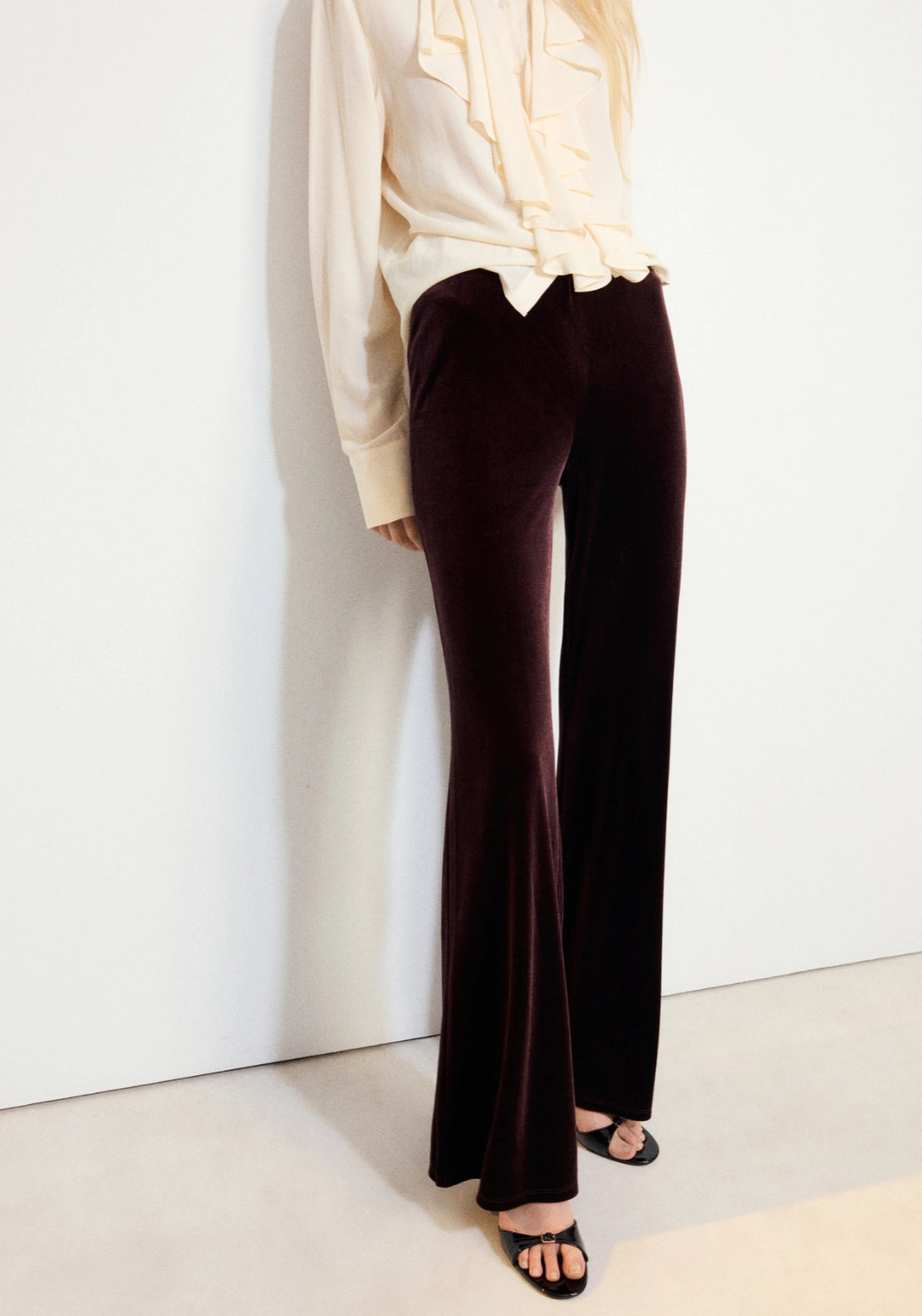 Velvet Flare Trousers - Burgundy