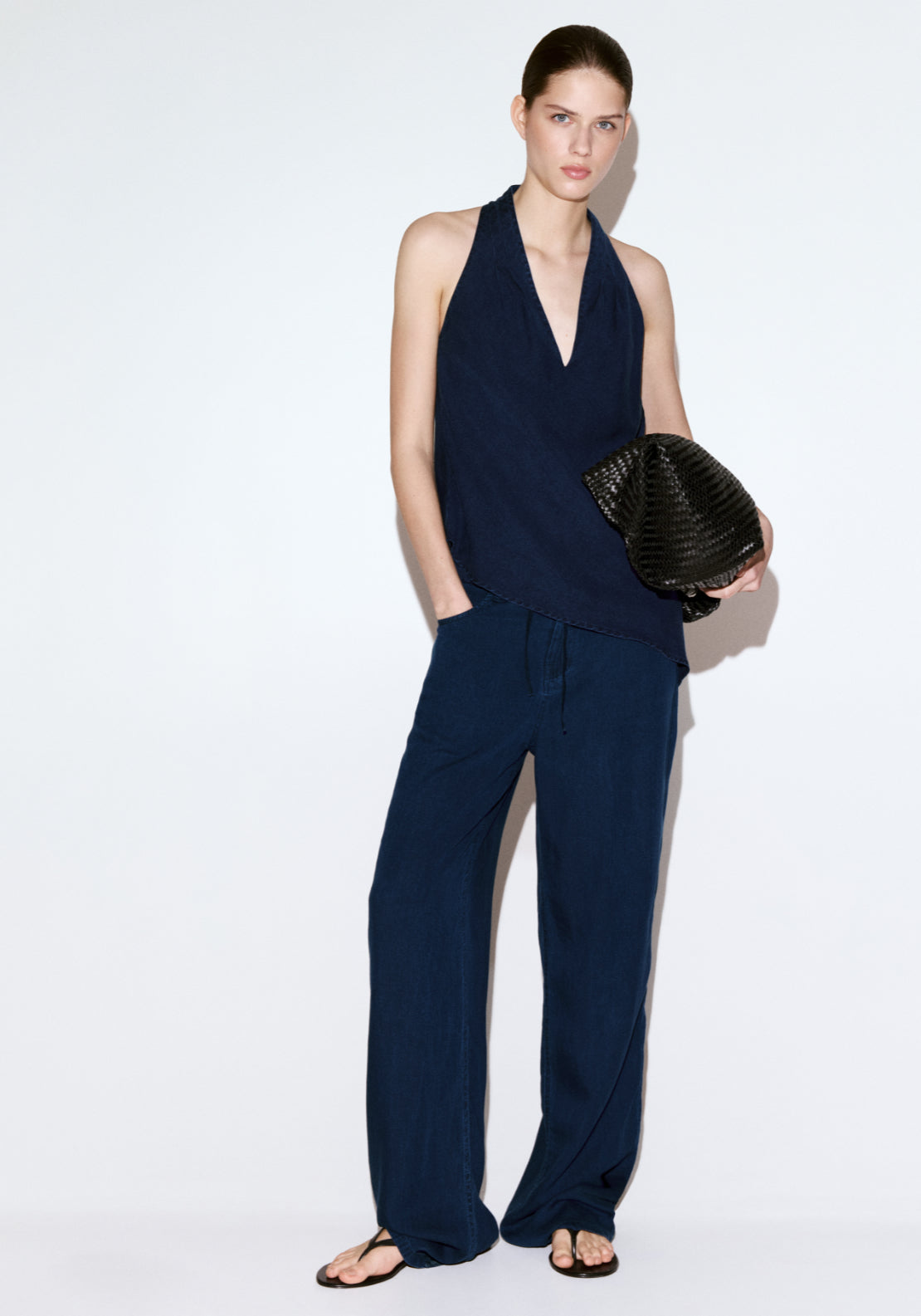 Asymmetrical Halter Neck Denim Top - Denim Blue