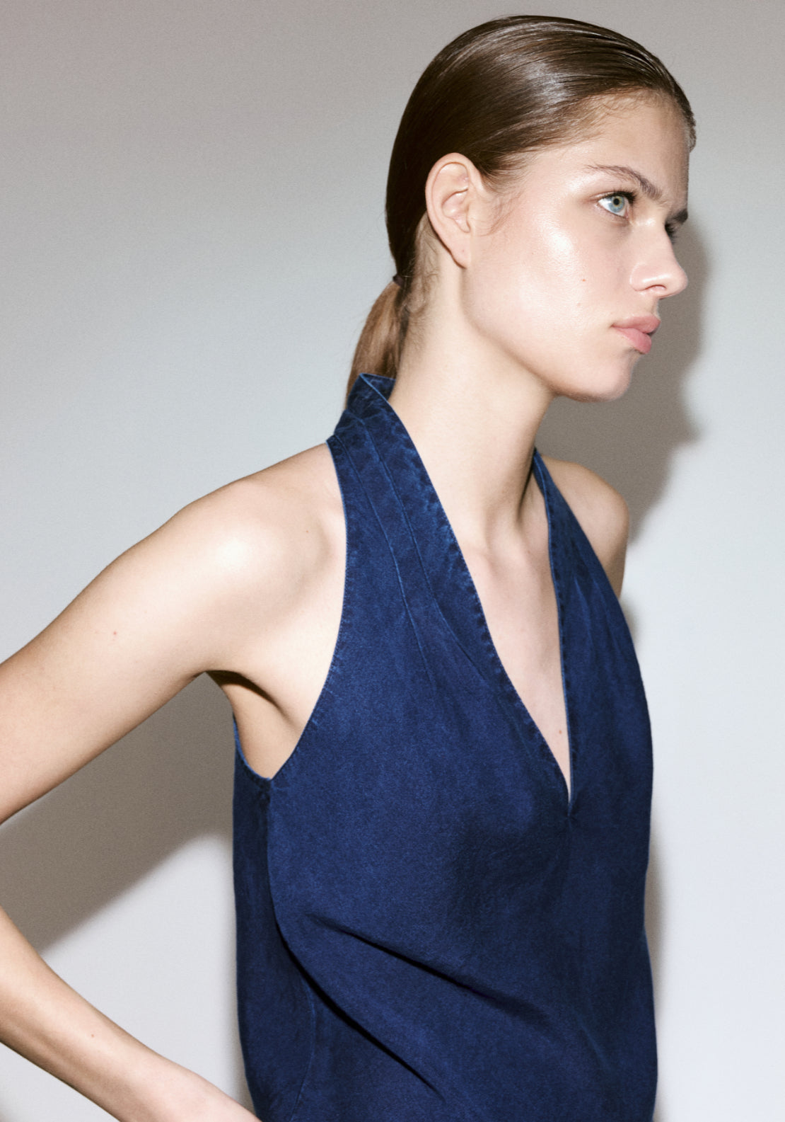 Asymmetrical Halter Neck Denim Top - Denim Blue