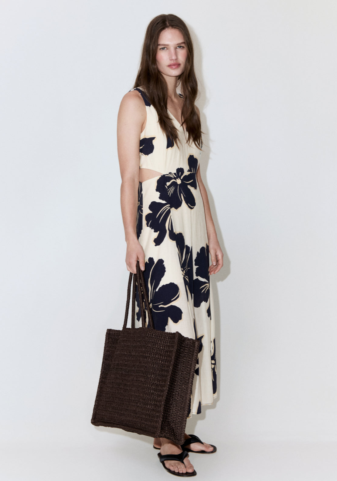 Floral Print Cut-Out Dress - Cream