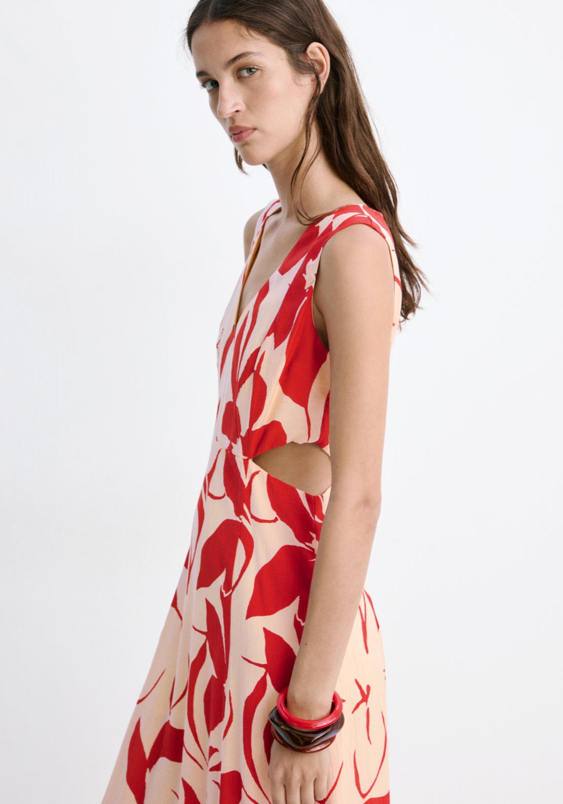Floral Print Cut-Out Dress - Red
