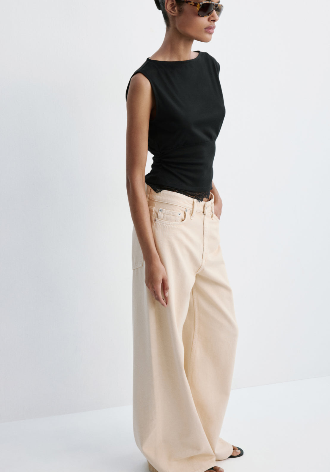 Sleeveless Rusched Top Lace Trim - Black