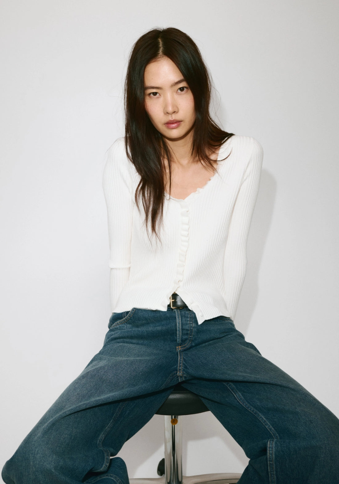 Ribbed Ruffle Cardigan - Cream