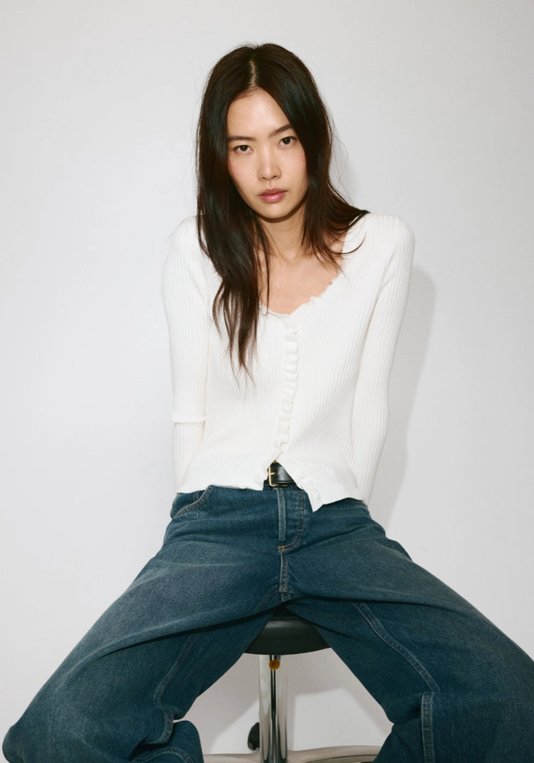 Ribbed Ruffle Cardigan - Cream