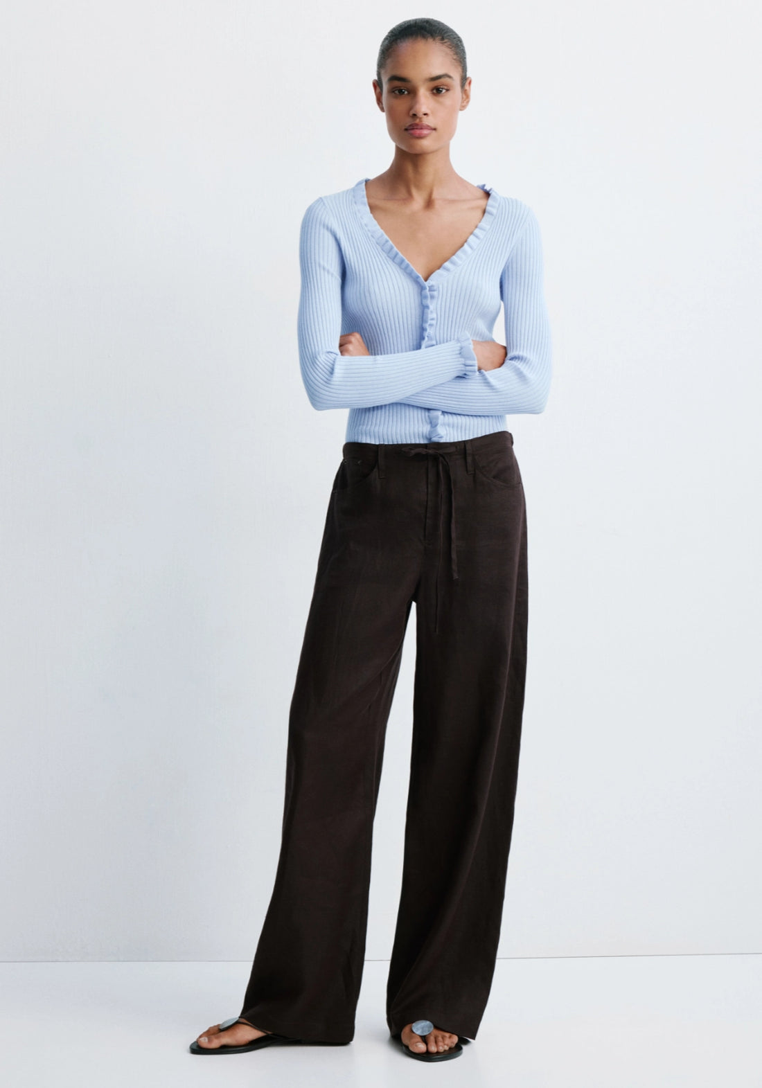 Ribbed Ruffle Cardigan - Blue