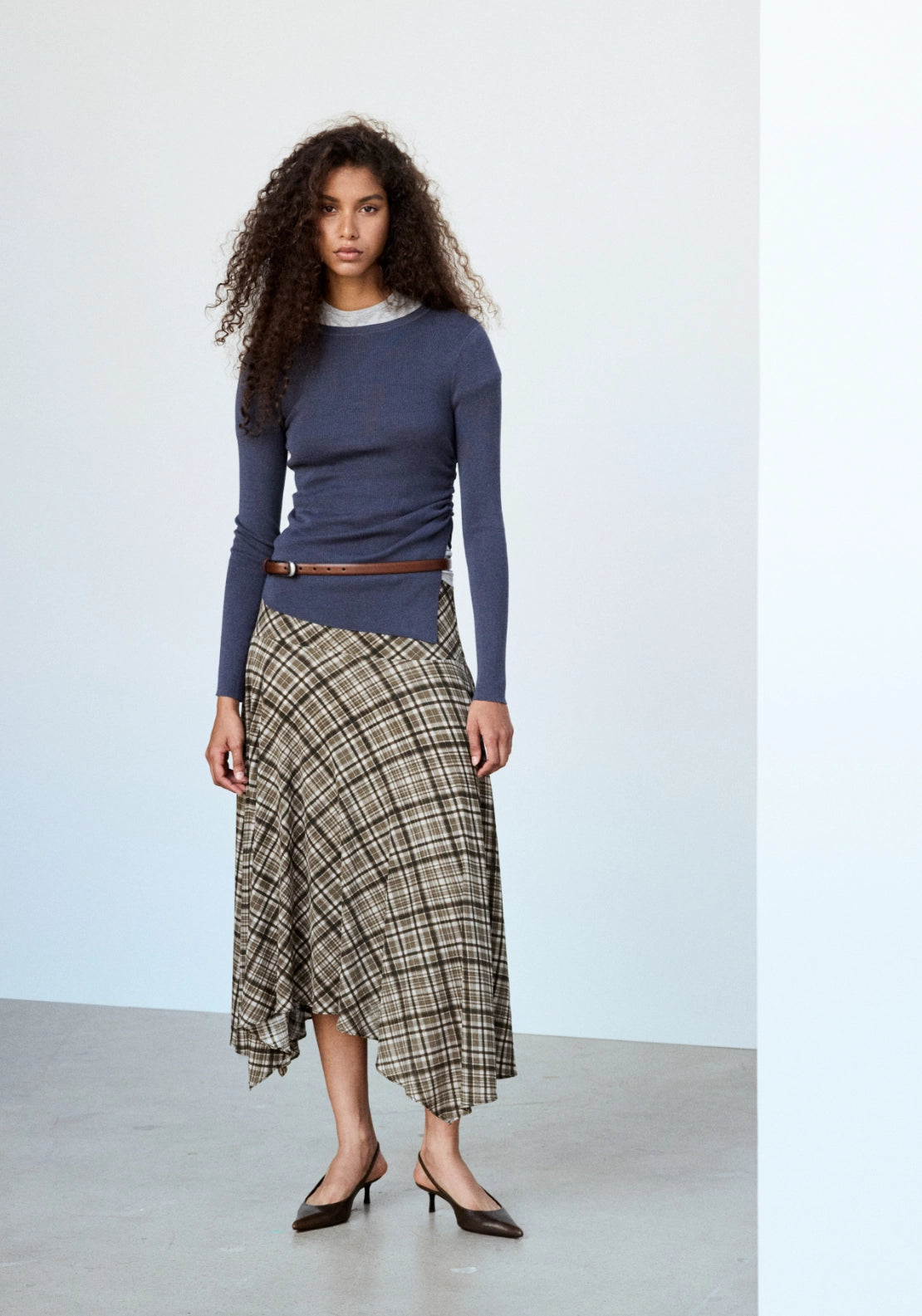Check Print Asymmetric Skirt - Brown