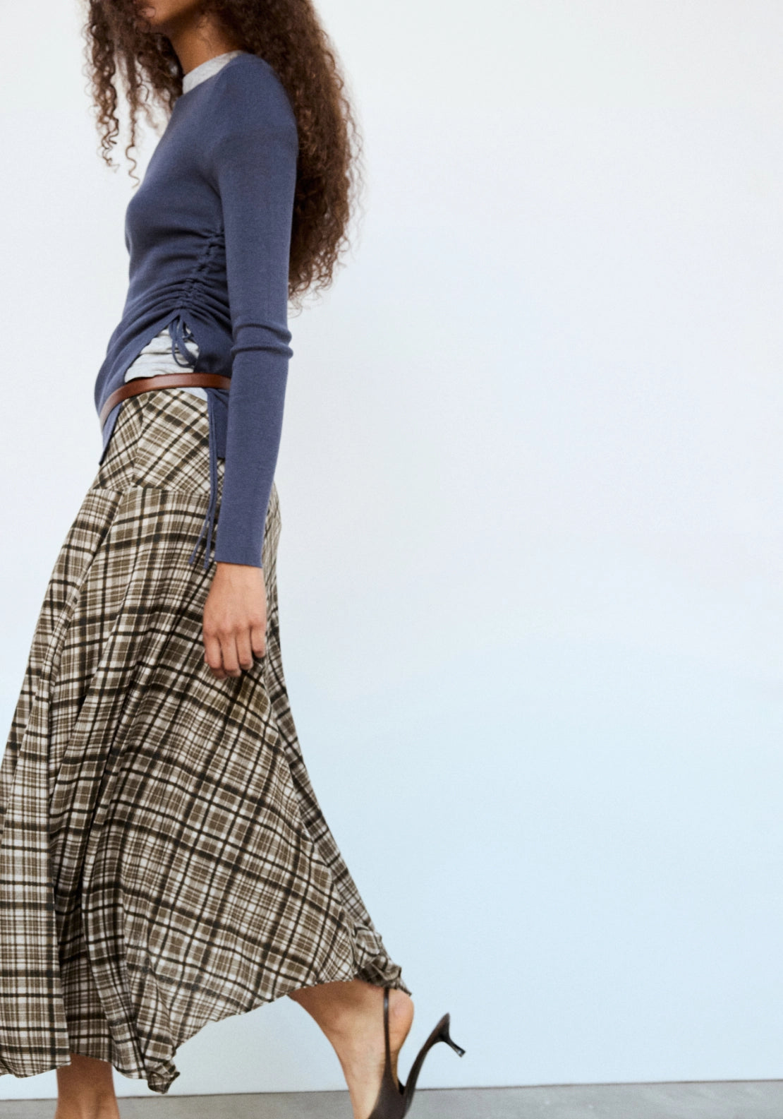 Check Print Asymmetric Skirt - Brown