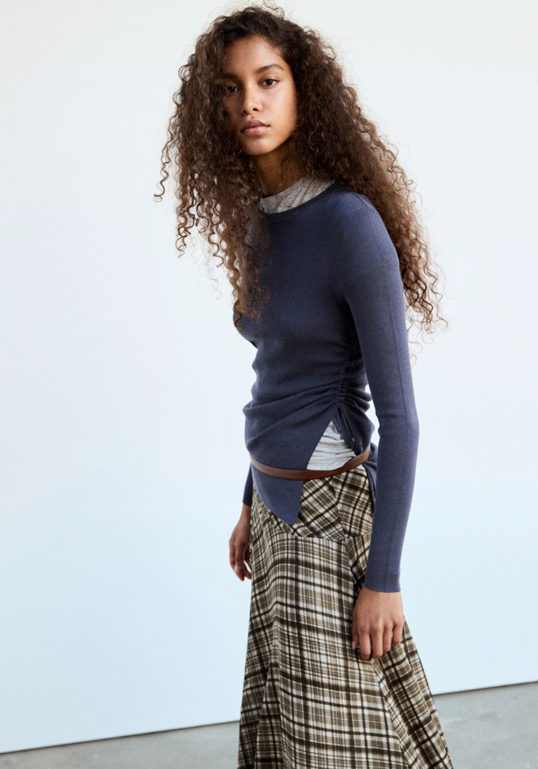 Check Print Asymmetric Skirt - Brown