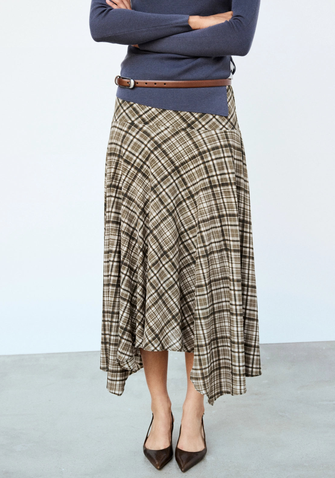 Check Print Asymmetric Skirt - Brown