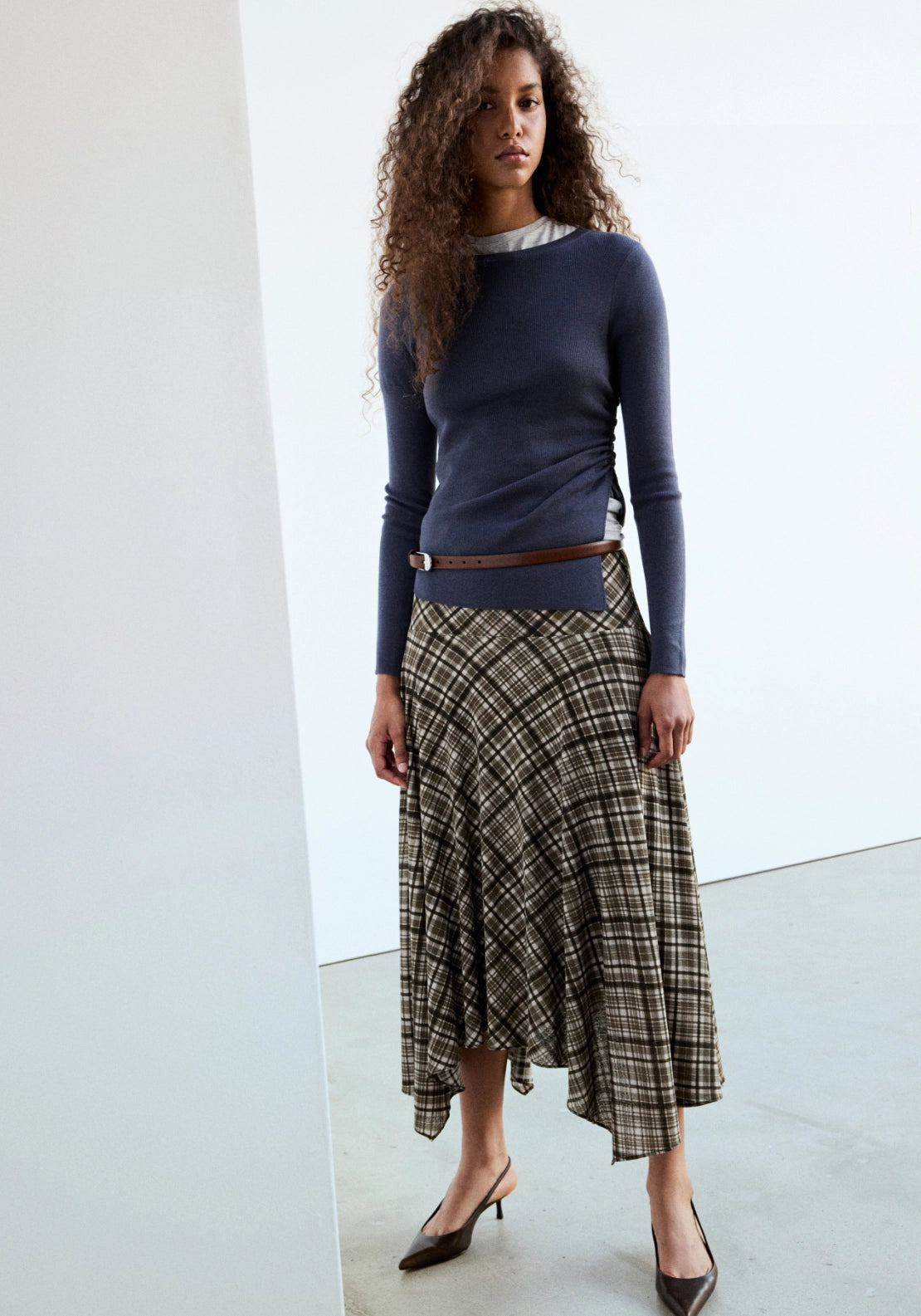Check Print Asymmetric Skirt - Brown