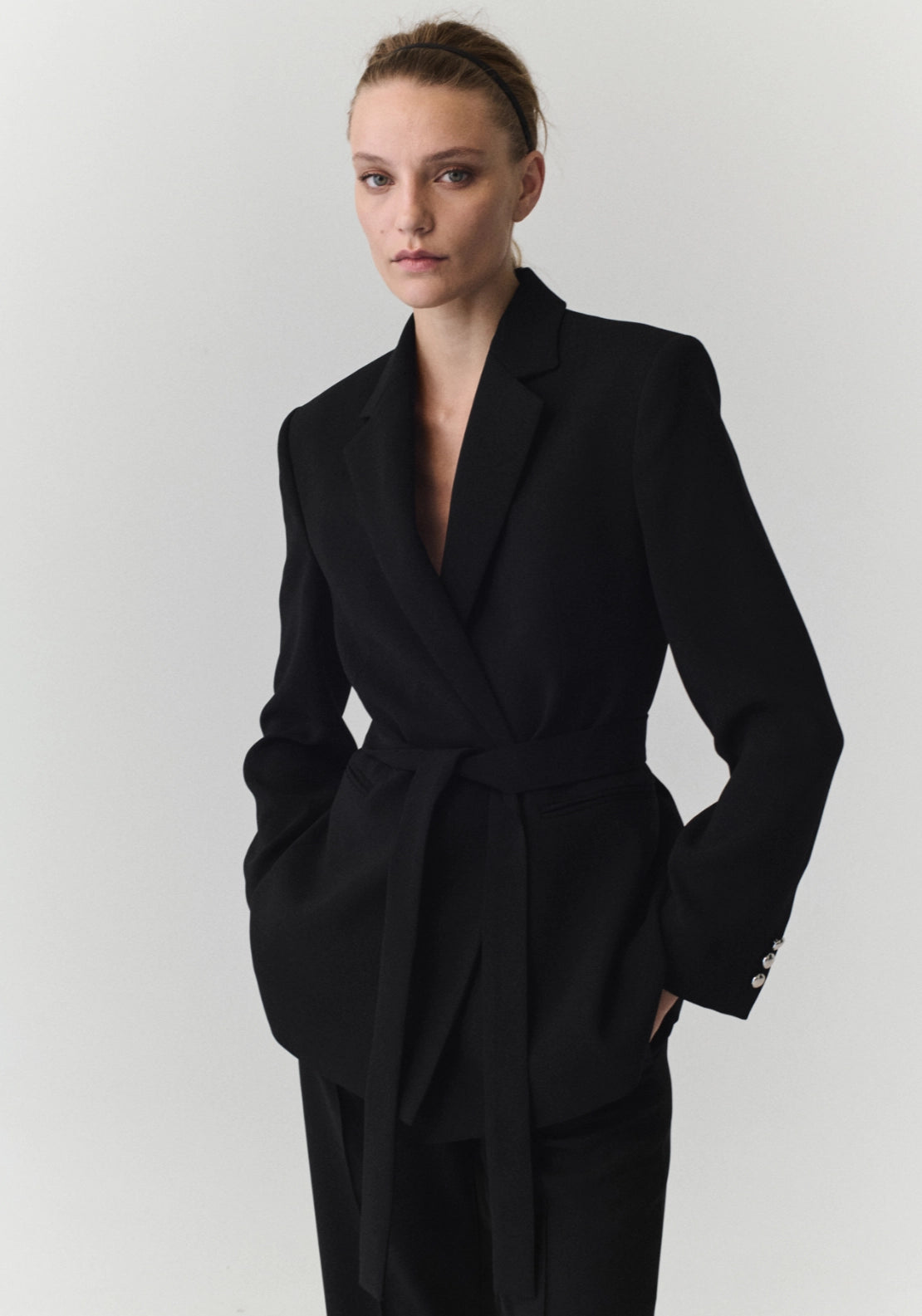 Double Breasted Blazer With Belt - Black